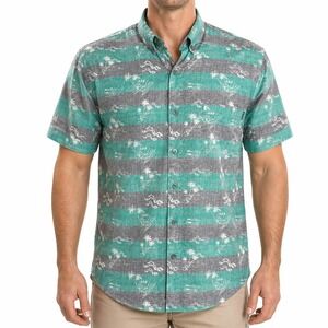 Molokai Surf Co Hawaiian Aloha Shirt XL Palm Tree Etchings Stripes Green Gray